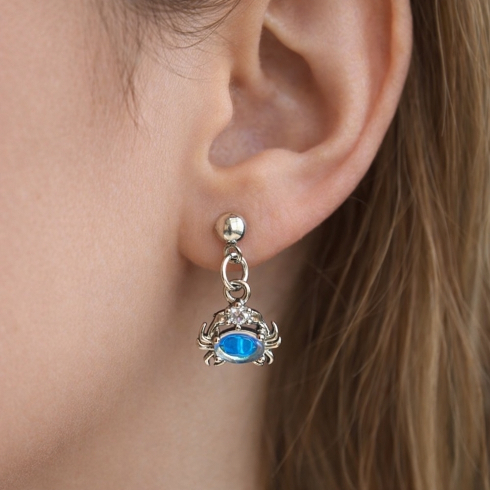 Silver Crab Dangle Earrings Zodiac Cancer Sign Beach Drop Earrings